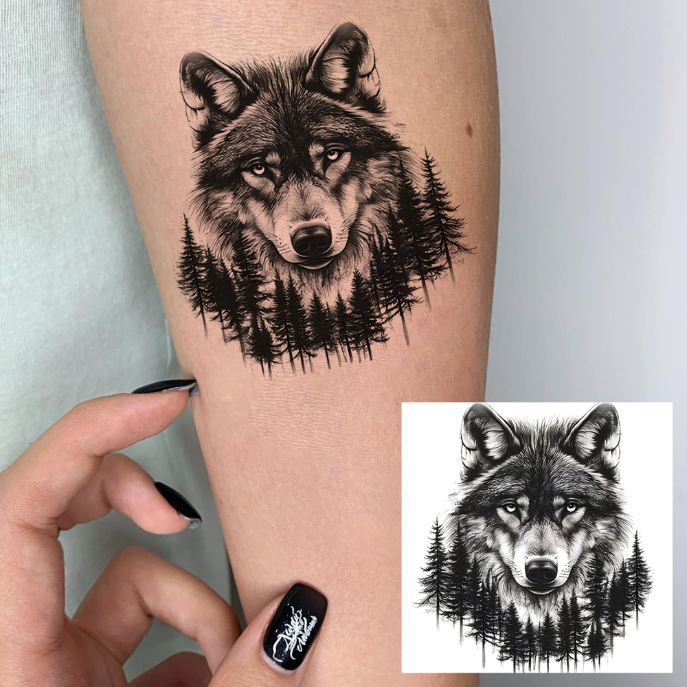 1 Sheet Wolf Temporary Tattoos For Women Men Adults Hands Finger Foot Neck Clavicle Legs Forearm Shank Arm Body Art Makeup, Semi Permanent Temp Fake Tattoo Stickers Waterproof Long Lasting Realistic Tatoos For Festival Party Accessory