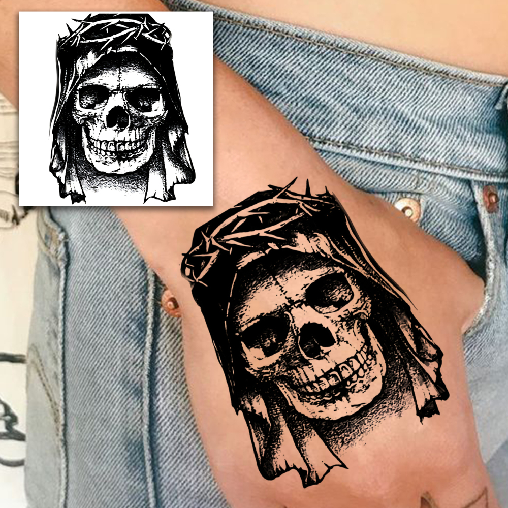 1 Sheet Skeleton Skull Temporary Tattoos For Women Men Adults Hands Finger Foot Neck Clavicle Legs Forearm Shank Arm Body Art Makeup, Semi Permanent Temp Fake Tattoo Stickers Waterproof Long Lasting Realistic Tatoos For Festival Party Accessory