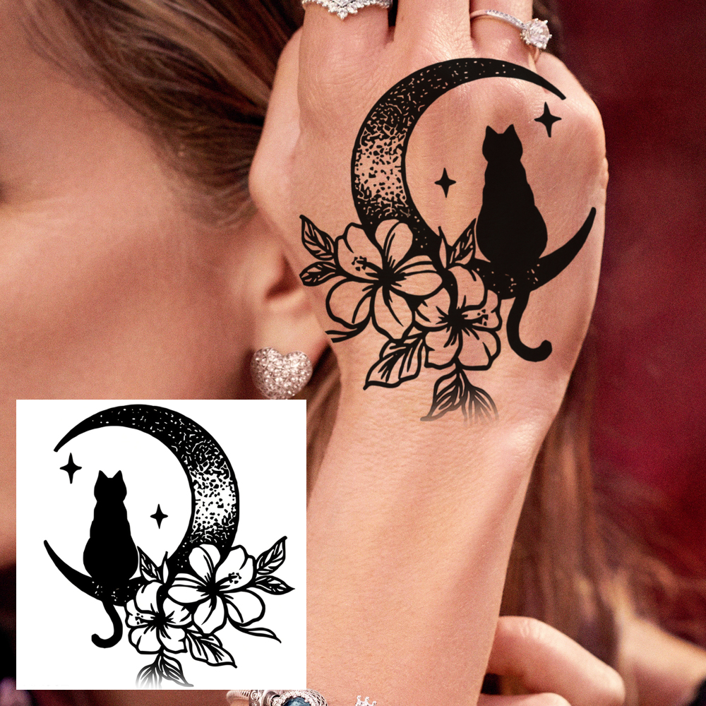 1 Sheet Moon Cat Temporary Tattoos For Women Men Adults Hands Finger Foot Neck Clavicle Legs Forearm Shank Arm Body Art Makeup, Semi Permanent Temp Fake Tattoo Stickers Waterproof Long Lasting Realistic Tatoos For Festival Party Accessory