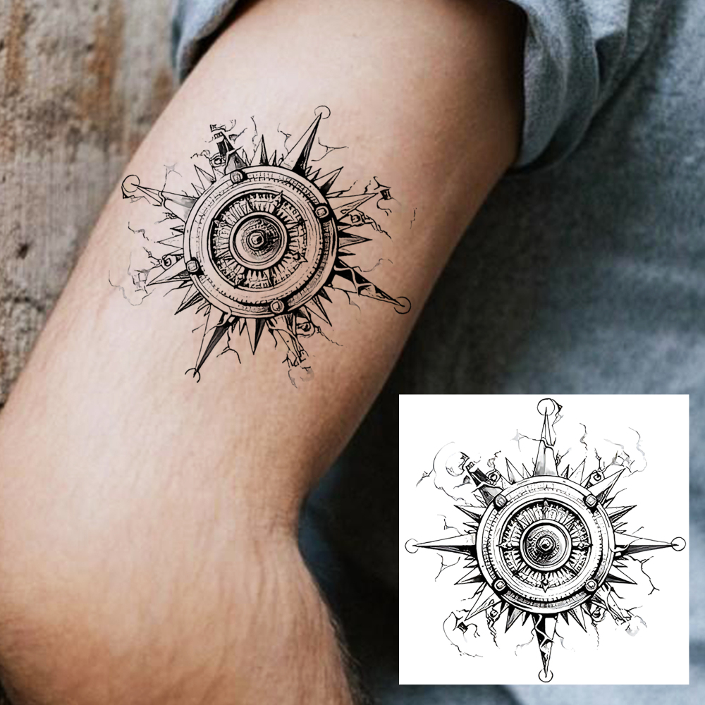 1 Sheet Compass Temporary Tattoos For Women Men Adults Hands Finger Foot Neck Clavicle Legs Forearm Shank Arm Body Art Makeup, Semi Permanent Temp Fake Tattoo Stickers Waterproof Long Lasting Realistic Tatoos For Festival Party Accessory