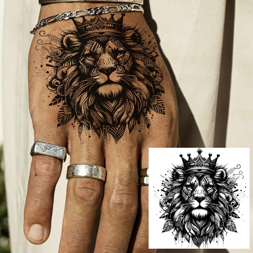 1 Sheet Lion Temporary Tattoos For Women Men Adults Hands Finger Foot Neck Clavicle Legs Forearm Shank Arm Body Art Makeup, Semi Permanent Temp Fake Tattoo Stickers Waterproof Long Lasting Realistic Tatoos For Festival Party Accessory