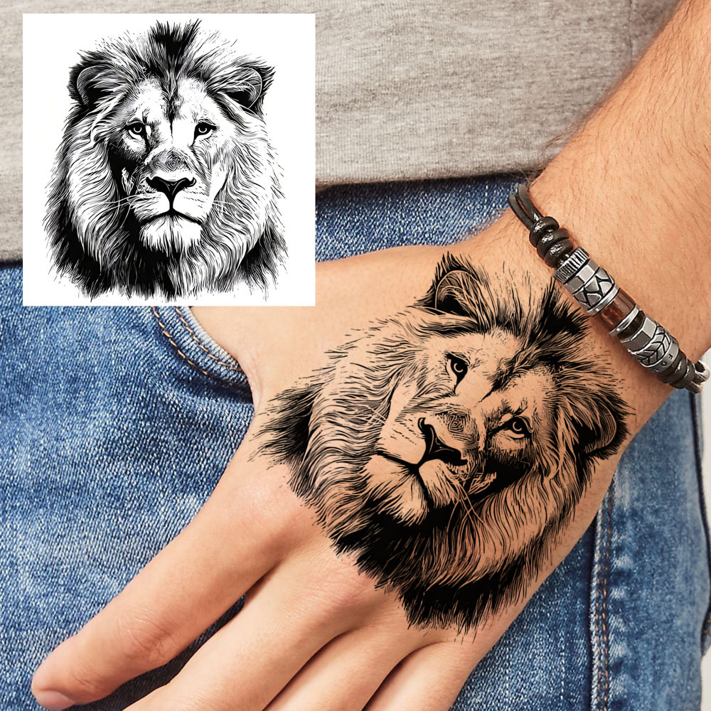 1 Sheet Lion Temporary Tattoos For Women Men Adults Hands Finger Foot Neck Clavicle Legs Forearm Shank Arm Body Art Makeup, Semi Permanent Temp Fake Tattoo Stickers Waterproof Long Lasting Realistic Tatoos For Festival Party Accessory