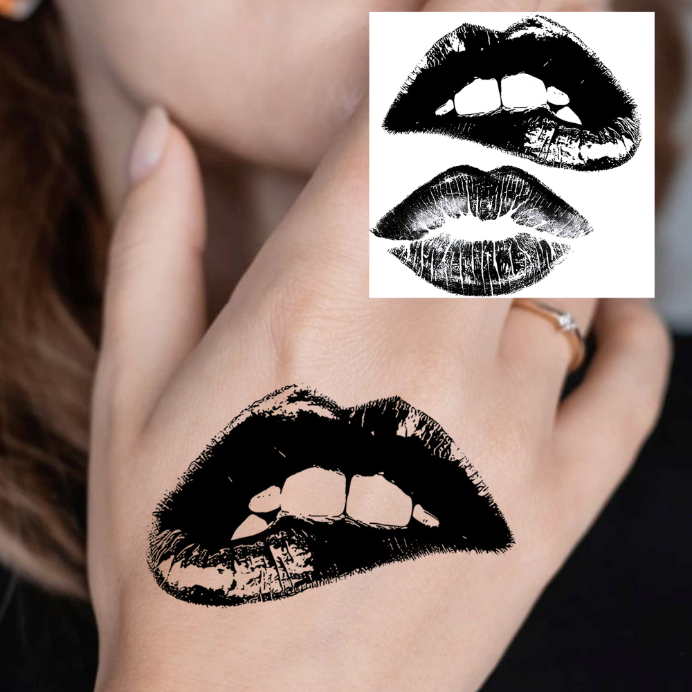 1 Sheet Lips Temporary Tattoos For Women Men Adults Hands Finger Foot Neck Clavicle Legs Forearm Shank Arm Body Art Makeup, Semi Permanent Temp Fake Tattoo Stickers Waterproof Long Lasting Realistic Tatoos For Festival Party Accessory