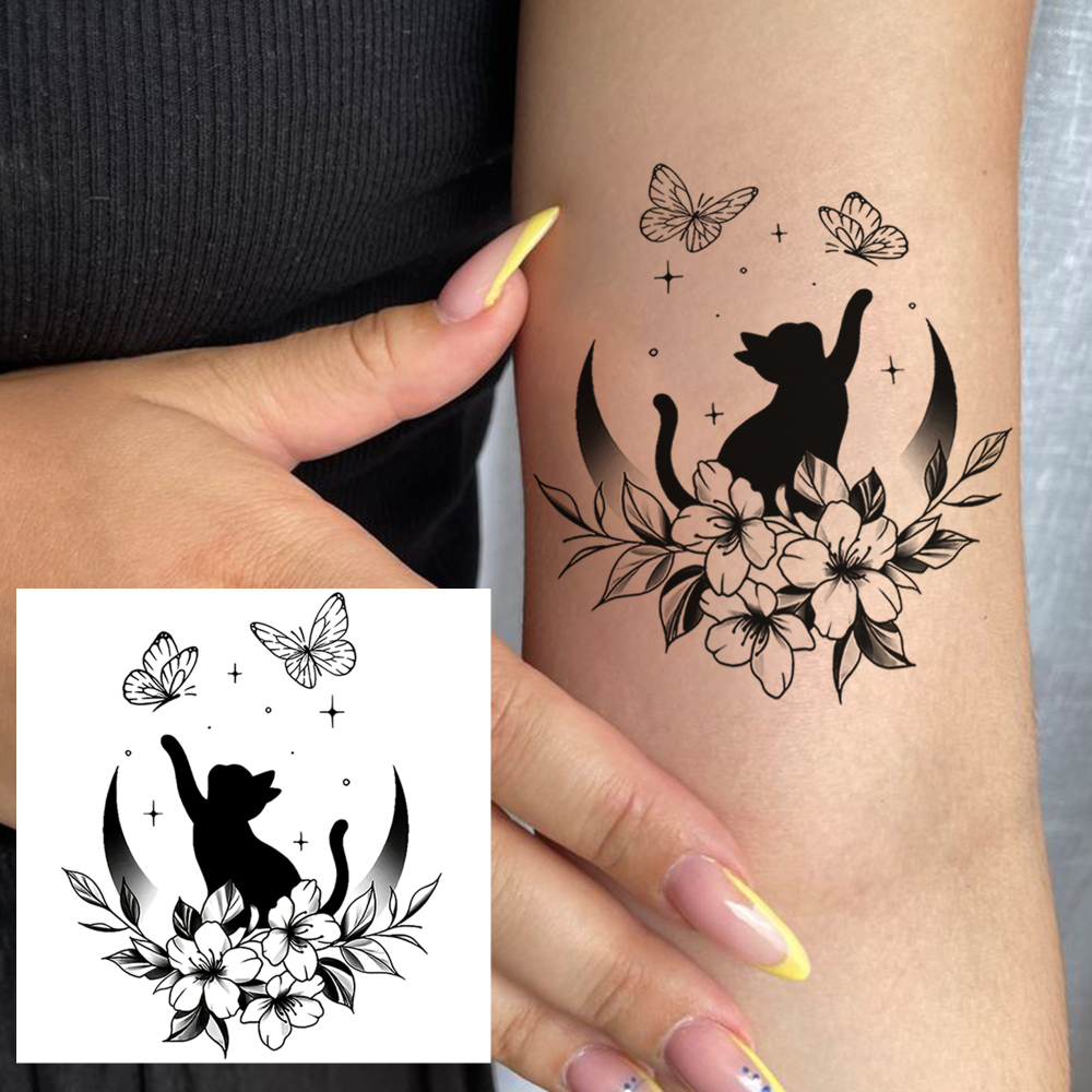 1 Sheet Cat Flower Butterfly Temporary Tattoos For Women Men Adults Hands Finger Foot Neck Clavicle Legs Forearm Shank Arm Body Art Makeup, Semi Permanent Temp Fake Tattoo Stickers Waterproof Long Lasting Realistic Tatoos For Festival Party Accessory
