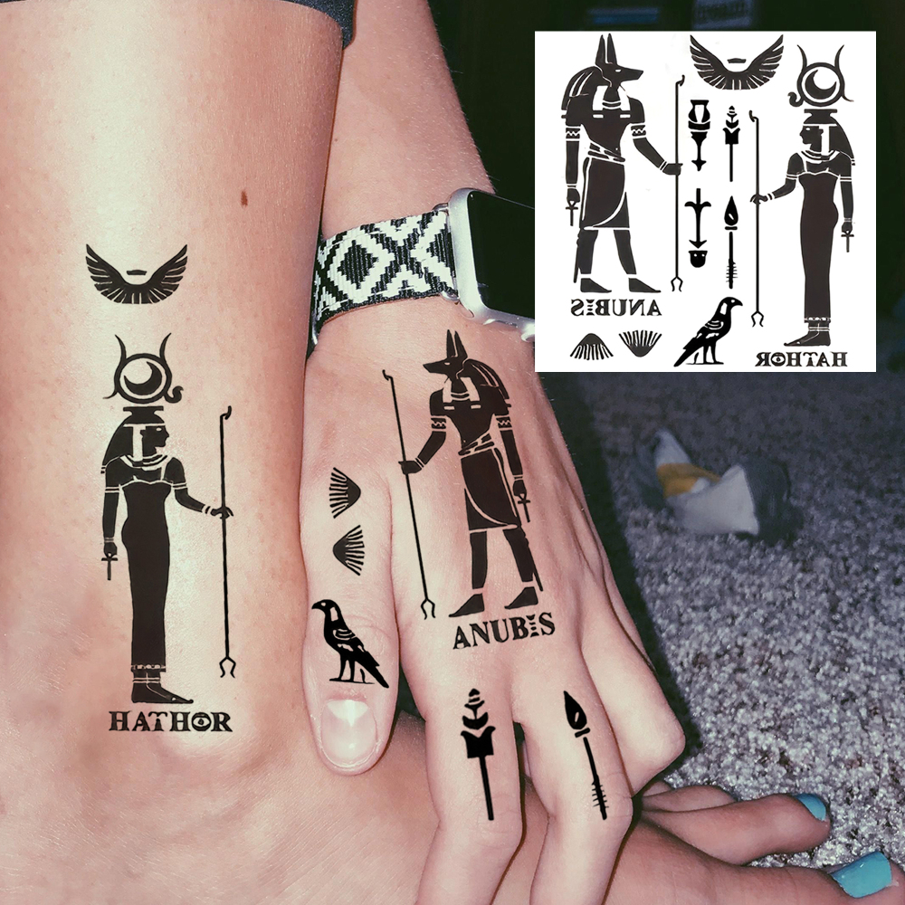 1 Sheet Egyptian Pharaoh Temporary Tattoos For Women Men Adults Hands Finger Foot Neck Clavicle Legs Forearm Shank Arm Body Art Makeup, Semi Permanent Temp Fake Tattoo Stickers Waterproof Long Lasting Realistic Tatoos For Festival Party Accessory