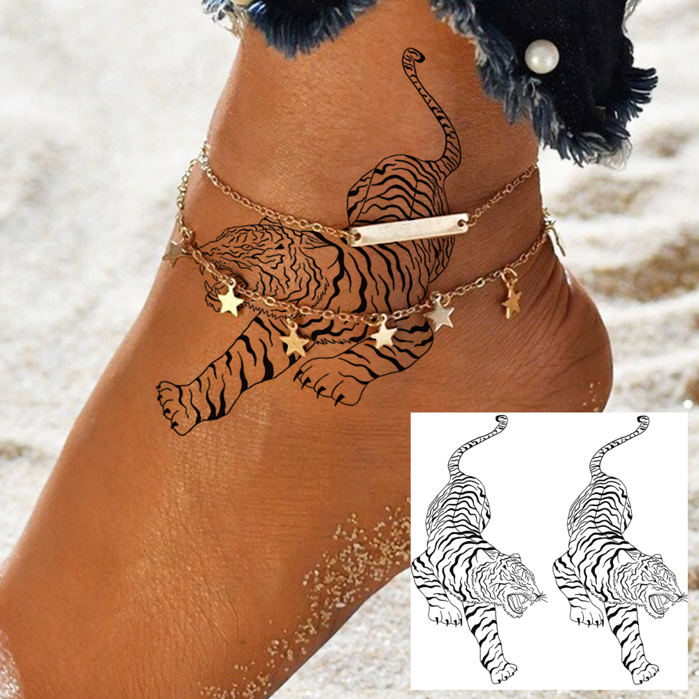 1 Sheet Tiger Temporary Tattoos For Women Men Adults Hands Finger Foot Neck Clavicle Legs Forearm Shank Arm Body Art Makeup, Semi Permanent Temp Fake Tattoo Stickers Waterproof Long Lasting Realistic Tatoos For Festival Party Accessory