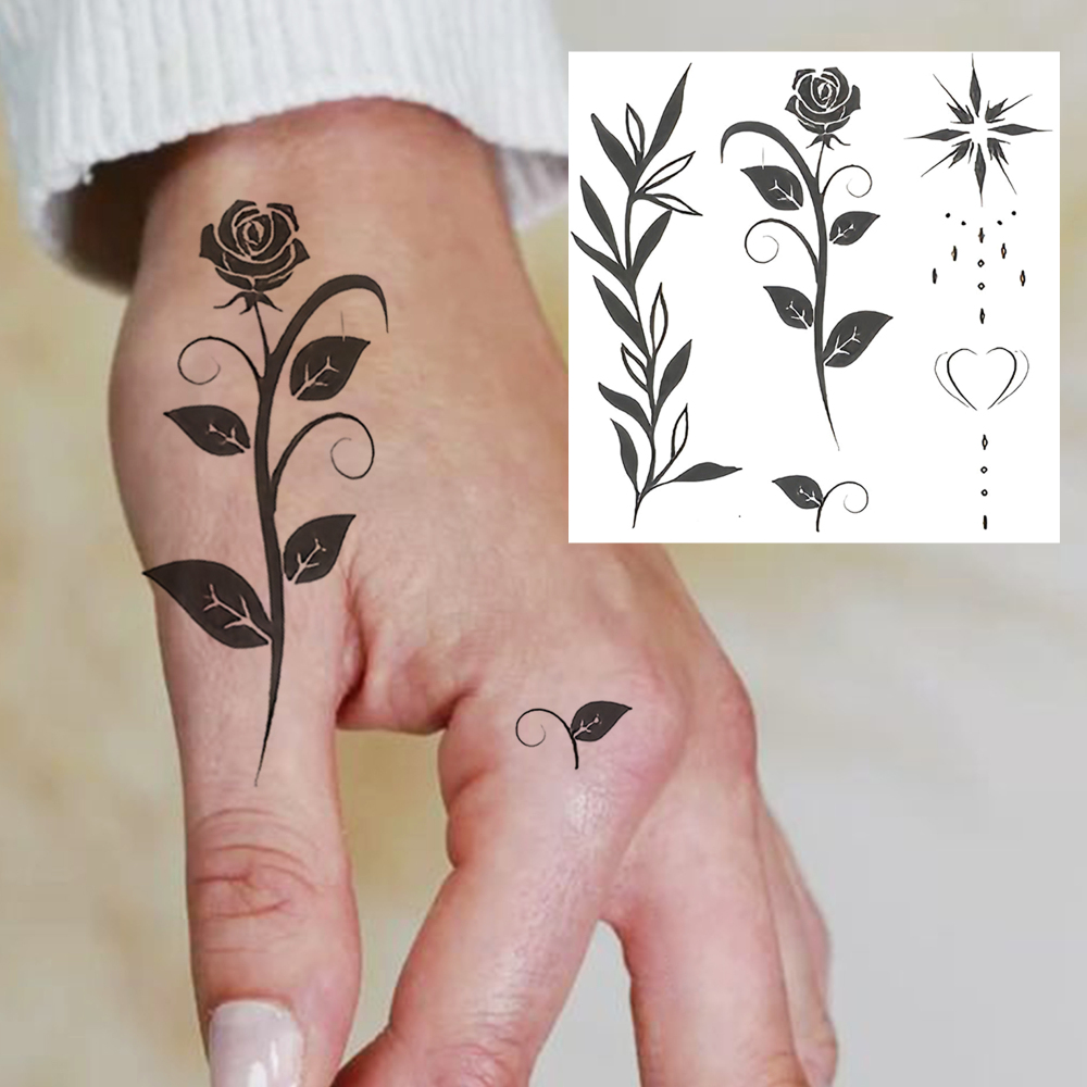 1 Sheet Flower Leaf Temporary Tattoos For Women Men Adults Hands Finger Foot Neck Clavicle Legs Forearm Shank Arm Body Art Makeup, Semi Permanent Temp Fake Tattoo Stickers Waterproof Long Lasting Realistic Tatoos For Festival Party Accessory