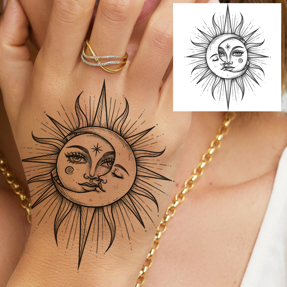 1 Sheet Moon Sun Temporary Tattoos For Women Men Adults Hands Finger Foot Neck Clavicle Legs Forearm Shank Arm Body Art Makeup, Semi Permanent Temp Fake Tattoo Stickers Waterproof Long Lasting Realistic Tatoos For Festival Party Accessory