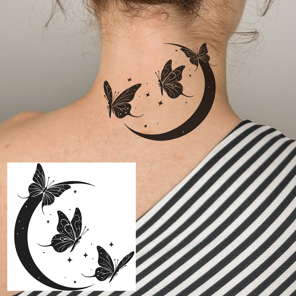 1 Sheet butterfly moon Temporary Tattoos For Women Men Adults Hands Finger Foot Neck Clavicle Legs Forearm Shank Arm Body Art Makeup, Semi Permanent Temp Fake Tattoo Stickers Waterproof Long Lasting Realistic Tatoos For Festival Party Accessory