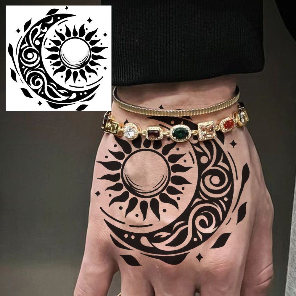 1 Sheet Moon Sun Temporary Tattoos For Women Men Adults Hands Finger Foot Neck Clavicle Legs Forearm Shank Arm Body Art Makeup, Semi Permanent Temp Fake Tattoo Stickers Waterproof Long Lasting Realistic Tatoos For Festival Party Accessory