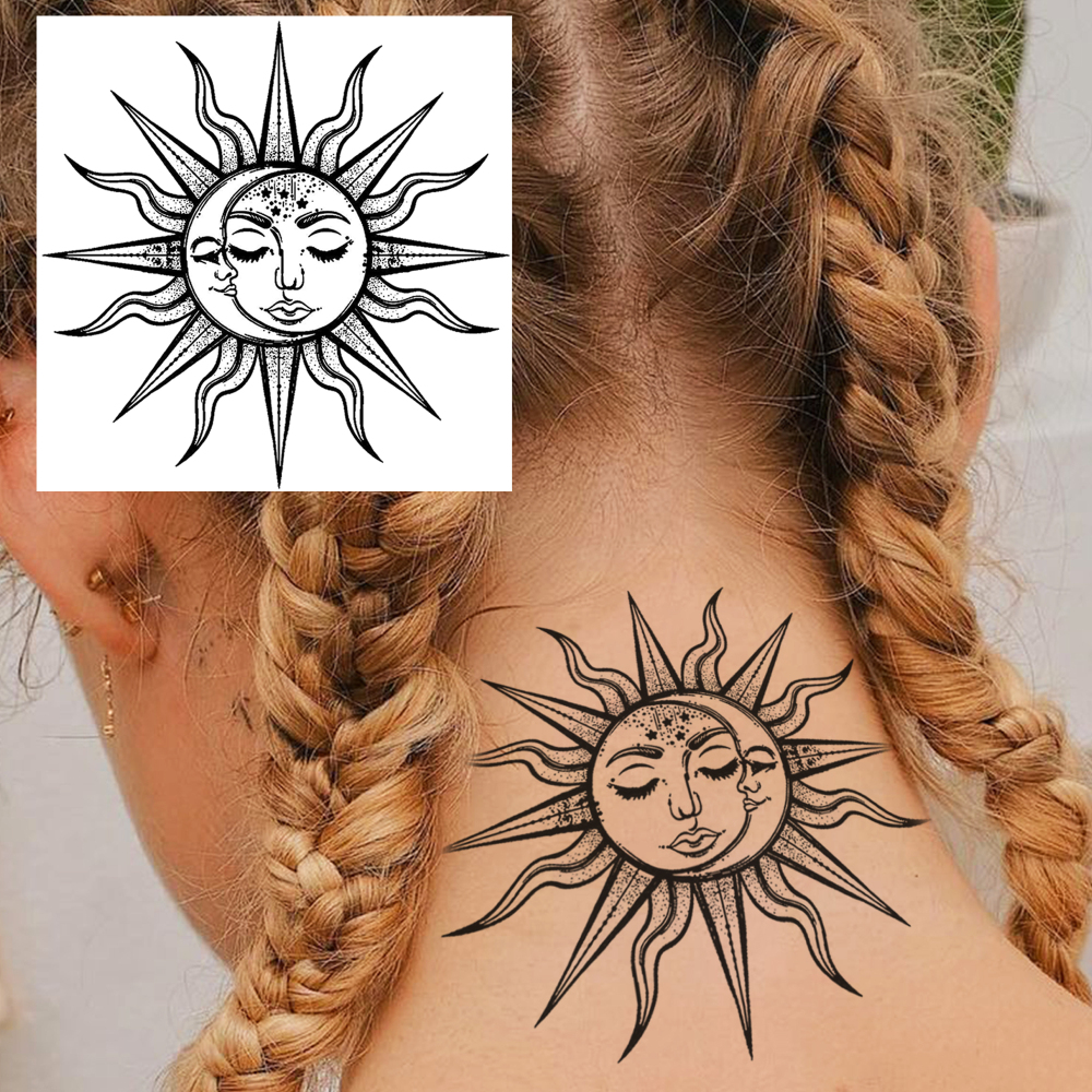 1 Sheet Moon Sun Temporary Tattoos For Women Men Adults Hands Finger Foot Neck Clavicle Legs Forearm Shank Arm Body Art Makeup, Semi Permanent Temp Fake Tattoo Stickers Waterproof Long Lasting Realistic Tatoos For Festival Party Accessory