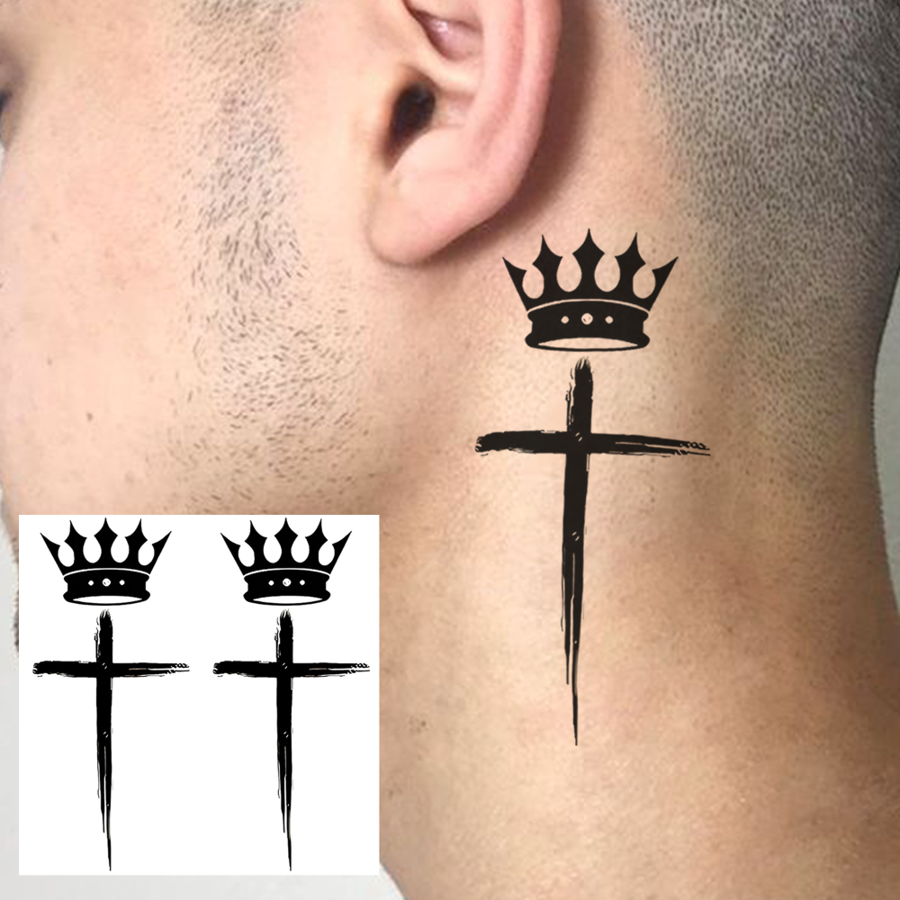 1 Sheet Crown Cross Temporary Tattoos For Women Men Adults Hands Finger Foot Neck Clavicle Legs Forearm Shank Arm Body Art Makeup, Semi Permanent Temp Fake Tattoo Stickers Waterproof Long Lasting Realistic Tatoos For Festival Party Accessory