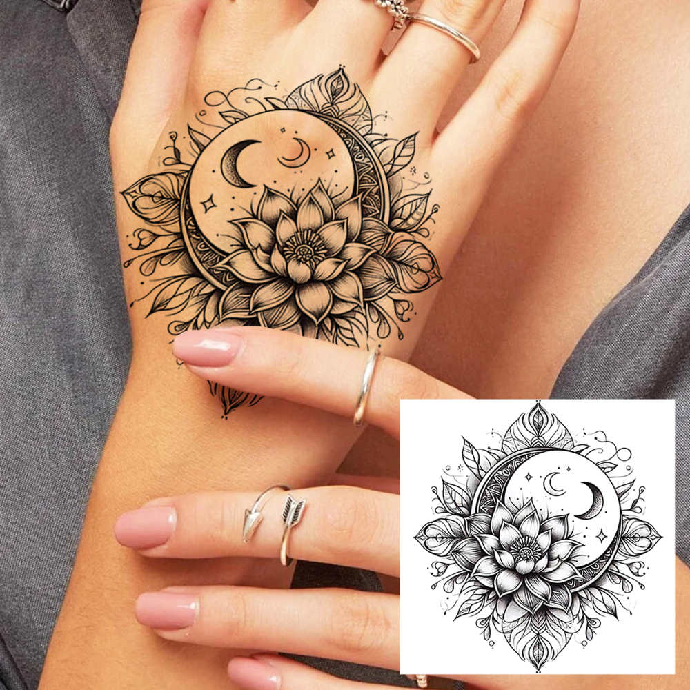 1 Sheet Moon Flower Temporary Tattoos For Women Men Adults Hands Finger Foot Neck Clavicle Legs Forearm Shank Arm Body Art Makeup, Semi Permanent Temp Fake Tattoo Stickers Waterproof Long Lasting Realistic Tatoos For Festival Party Accessory