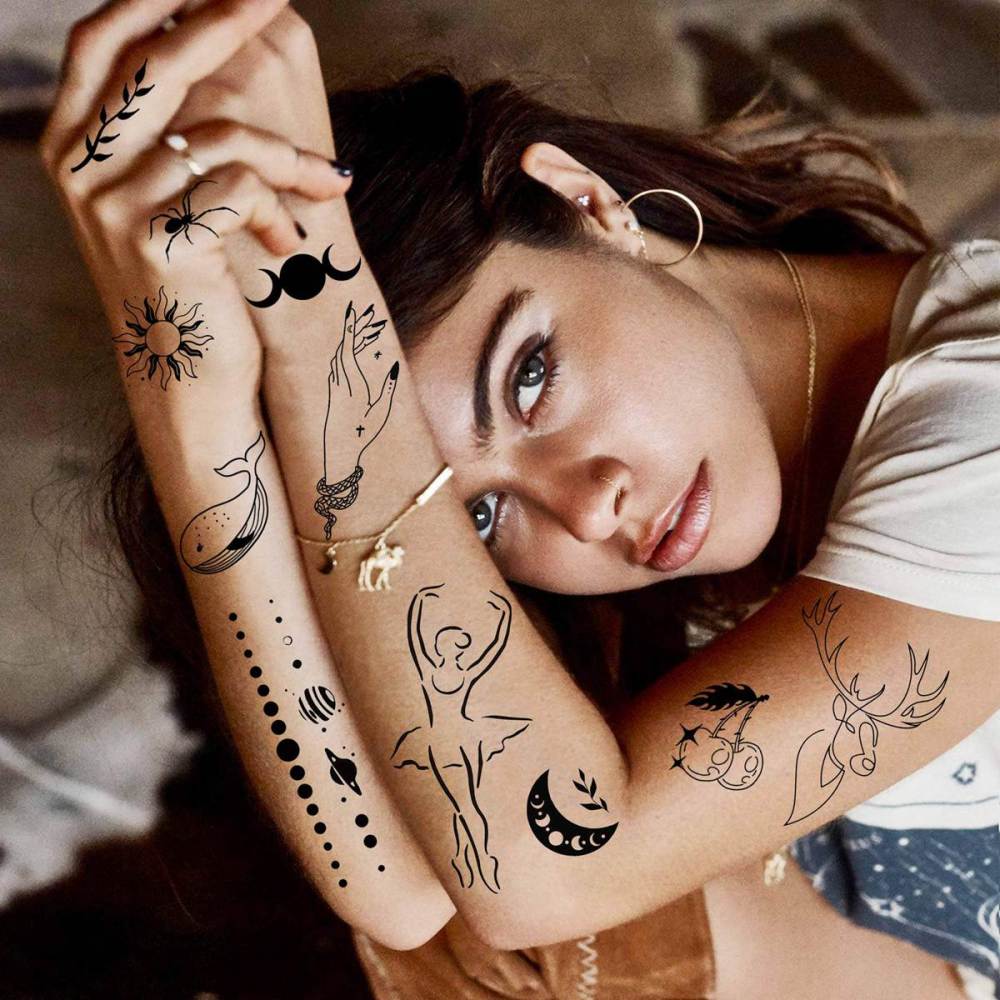 15 Sheets Abstract Minimalism Temporary Tattoos For Women Men Adults Kids Hands Finger Foot Neck Clavicle Shank Arm Body Art Makeup, Semi Permanent Temp Fake Tattoo Stickers Waterproof Long Lasting Realistic Tatoos For Festival Party Accessory