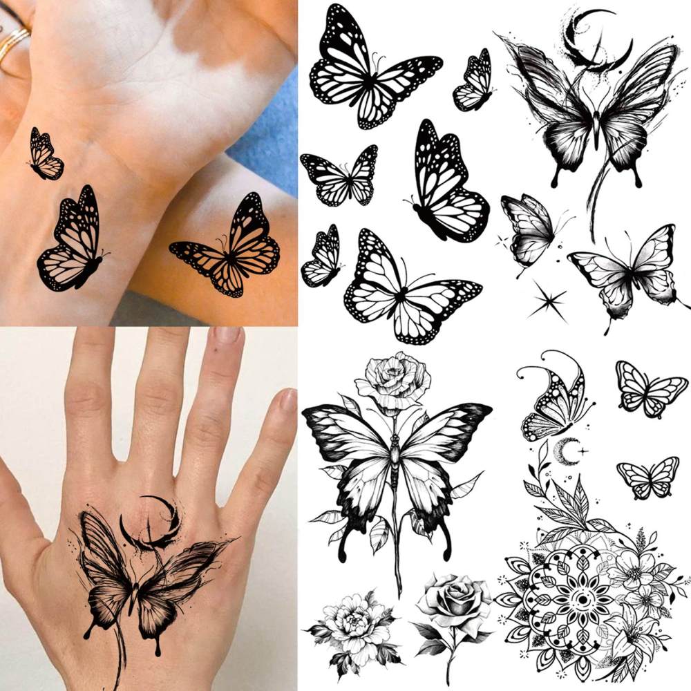 15 Sheets Cute Butterfly Temporary Tattoos For Women Men Adults Hands Finger Foot Neck Clavicle Legs Thigh Forearm Shank Arm Body Art Makeup, Semi Permanent Temp Fake Tattoo Stickers Waterproof Long Lasting Realistic Tatoos For Festival Party Accessory
