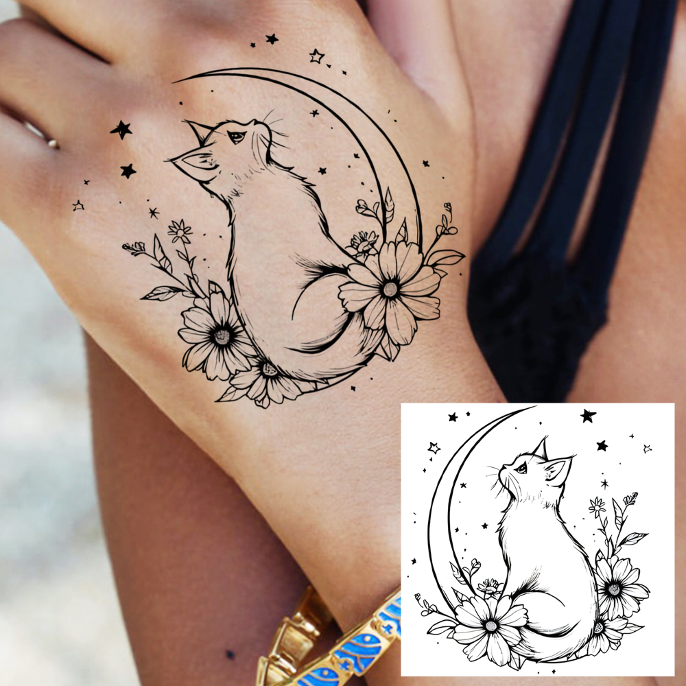 1 Sheet Moon Cat Temporary Tattoos For Women Men Adults Hands Finger Foot Neck Clavicle Legs Forearm Shank Arm Body Art Makeup, Semi Permanent Temp Fake Tattoo Stickers Waterproof Long Lasting Realistic Tatoos For Festival Party Accessory