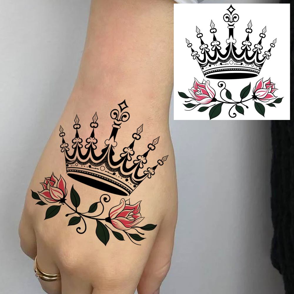 1 Sheet Crown Temporary Tattoos For Women Men Adults Hands Finger Foot Neck Clavicle Legs Forearm Shank Arm Body Art Makeup, Semi Permanent Temp Fake Tattoo Stickers Waterproof Long Lasting Realistic Tatoos For Festival Party Accessory