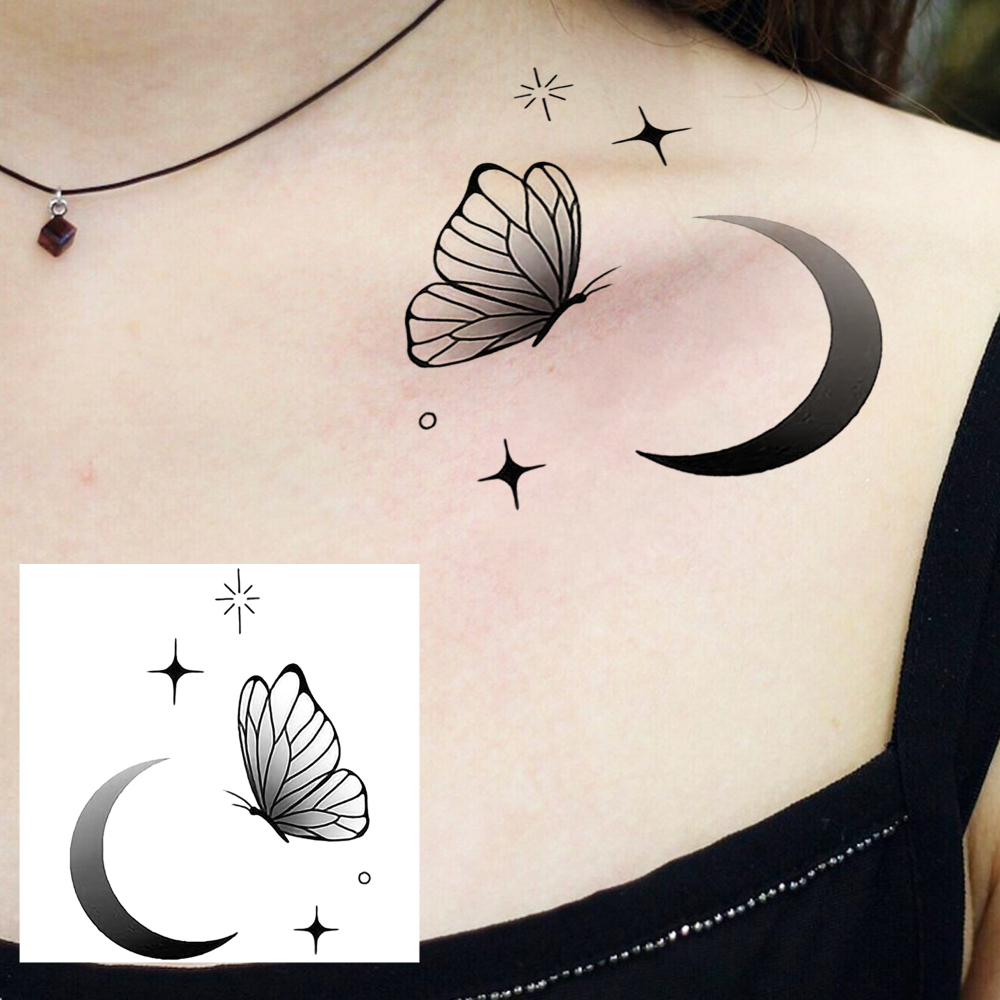 1 Sheet Butterfly Moon Temporary Tattoos For Women Men Adults Hands Finger Foot Neck Clavicle Legs Forearm Shank Arm Body Art Makeup, Semi Permanent Temp Fake Tattoo Stickers Waterproof Long Lasting Realistic Tatoos For Festival Party Accessory