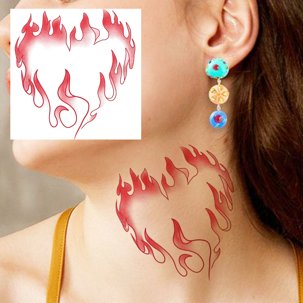 1 Sheet Fire Heart Temporary Tattoos For Women Men Adults Hands Finger Foot Neck Clavicle Legs Forearm Shank Arm Body Art Makeup, Semi Permanent Temp Fake Tattoo Stickers Waterproof Long Lasting Realistic Tatoos For Festival Party Accessory