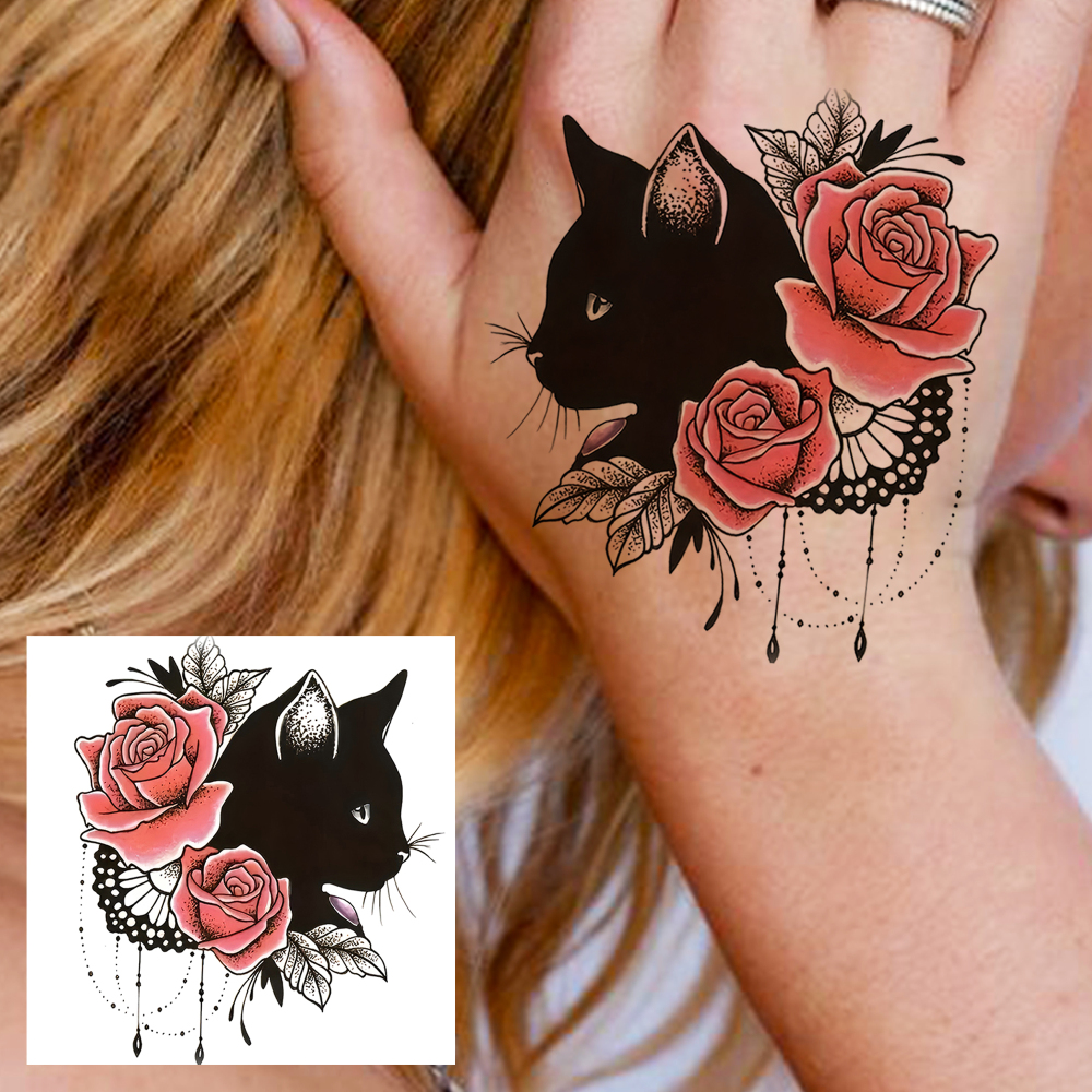 1 Sheet Cat Rose Temporary Tattoos For Women Men Adults Hands Finger Foot Neck Clavicle Legs Forearm Shank Arm Body Art Makeup, Semi Permanent Temp Fake Tattoo Stickers Waterproof Long Lasting Realistic Tatoos For Festival Party Accessory