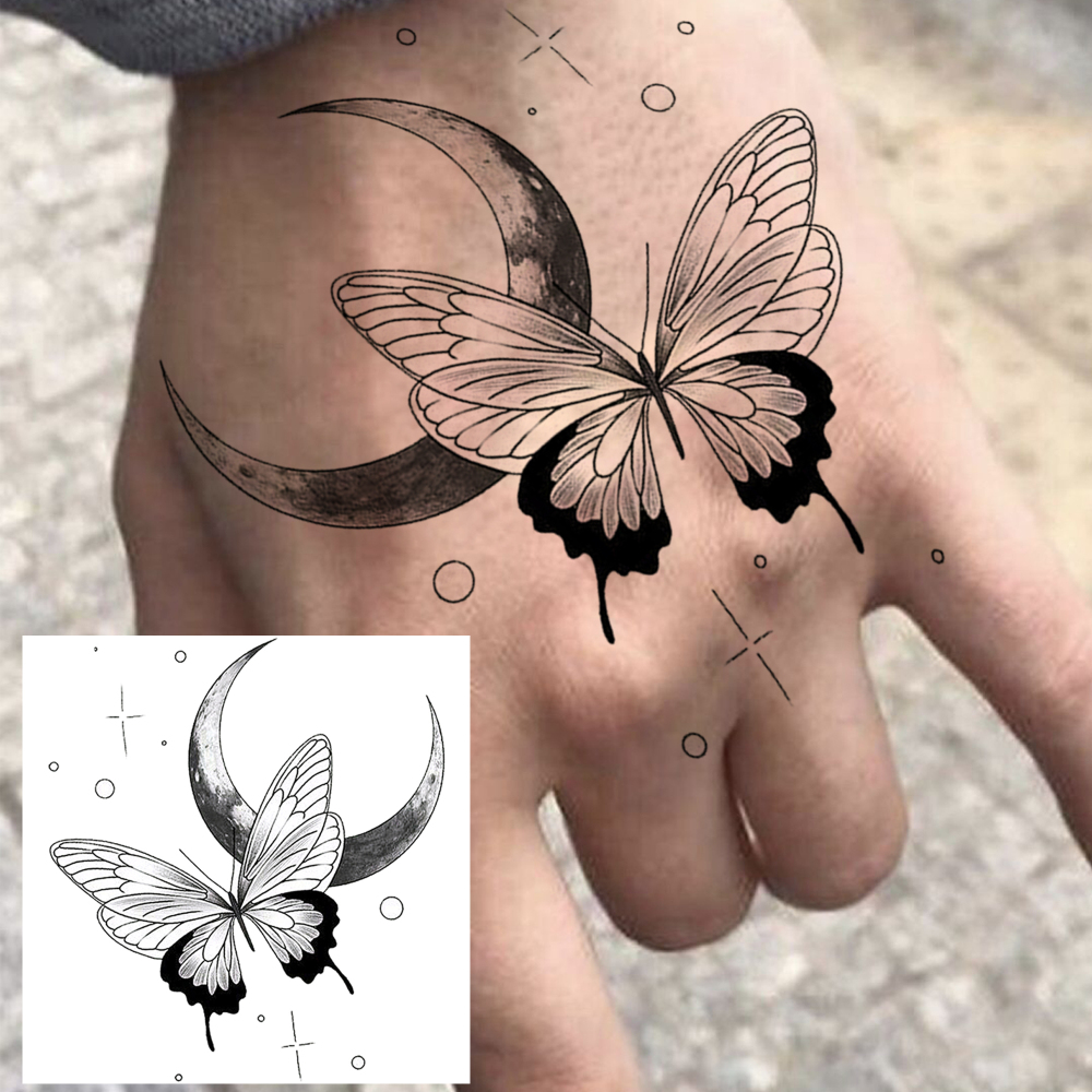 1 Sheet Moon Butterfly Temporary Tattoos For Women Men Adults Hands Finger Foot Neck Clavicle Legs Forearm Shank Arm Body Art Makeup, Semi Permanent Temp Fake Tattoo Stickers Waterproof Long Lasting Realistic Tatoos For Festival Party Accessory