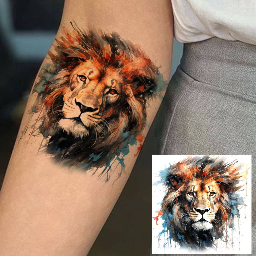 1 Sheet Lion Temporary Tattoos For Women Men Adults Hands Finger Foot Neck Clavicle Legs Forearm Shank Arm Body Art Makeup, Semi Permanent Temp Fake Tattoo Stickers Waterproof Long Lasting Realistic Tatoos For Festival Party Accessory