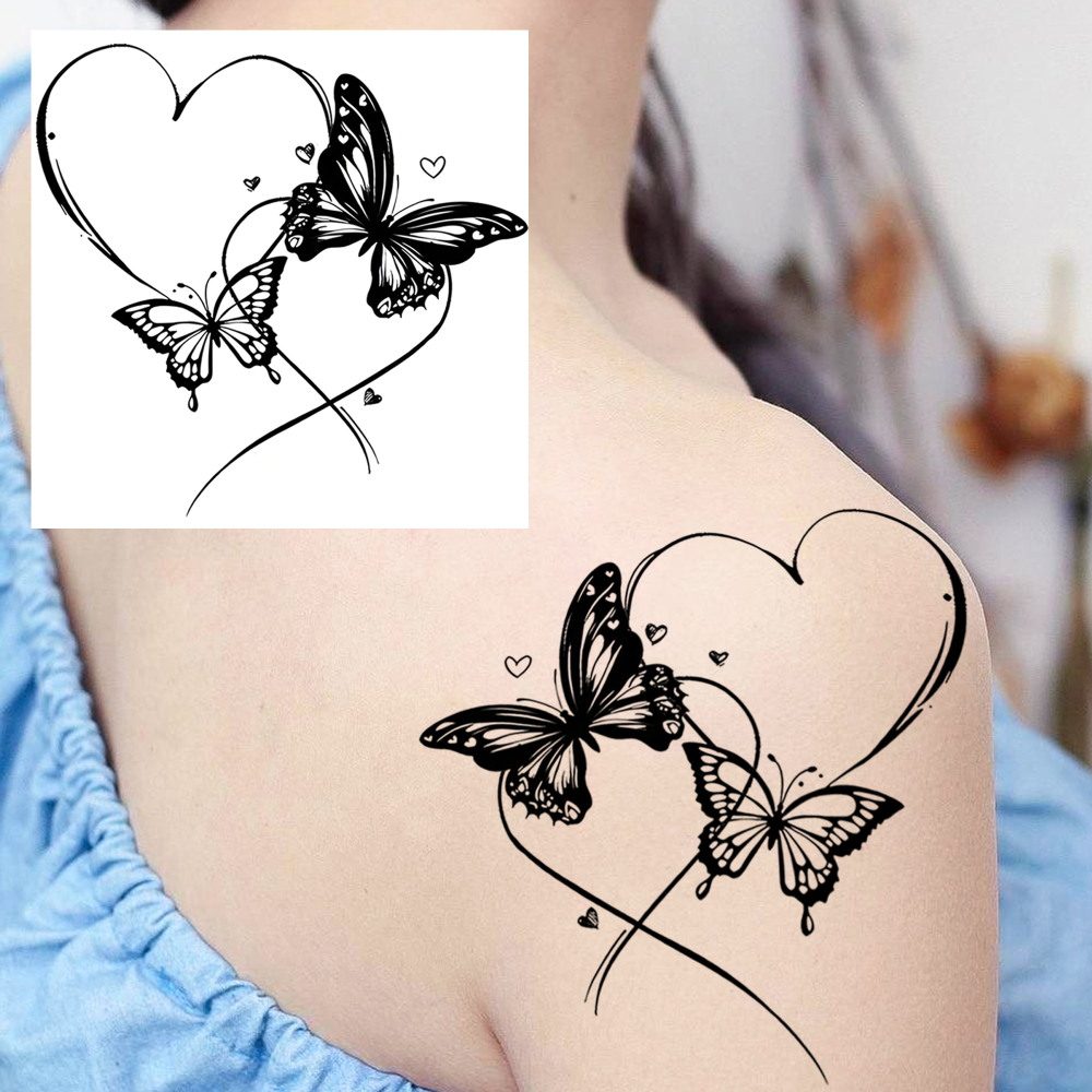 1 Sheet Butterfly Heart Temporary Tattoos For Women Men Adults Hands Finger Foot Neck Clavicle Legs Forearm Shank Arm Body Art Makeup, Semi Permanent Temp Fake Tattoo Stickers Waterproof Long Lasting Realistic Tatoos For Festival Party Accessory