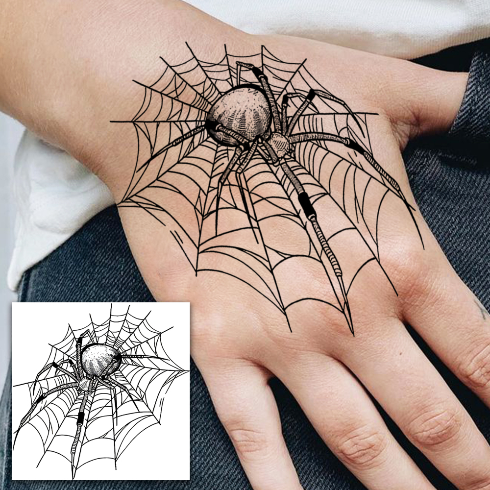 1 Sheet Halloween Spider Web Temporary Tattoos For Women Men Adults Hands Finger Foot Neck Clavicle Legs Forearm Shank Arm Body Art Makeup, Semi Permanent Temp Fake Tattoo Stickers Waterproof Long Lasting Realistic Tatoos For Festival Party Accessory