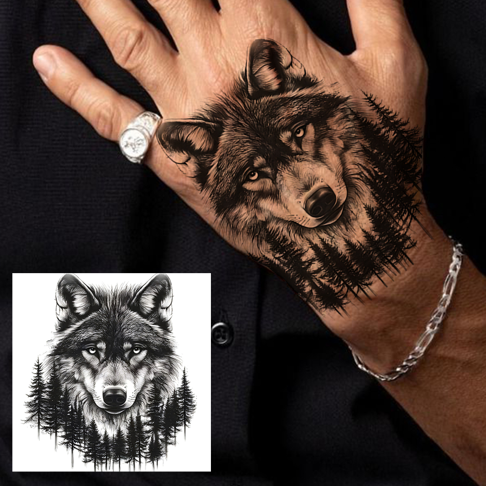 1 Sheet Wolf Temporary Tattoos For Women Men Adults Hands Finger Foot Neck Clavicle Legs Forearm Shank Arm Body Art Makeup, Semi Permanent Temp Fake Tattoo Stickers Waterproof Long Lasting Realistic Tatoos For Festival Party Accessory