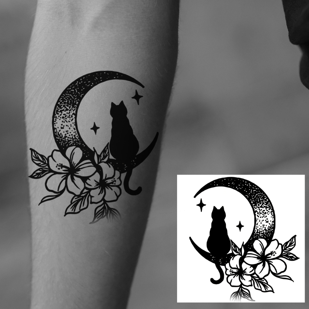 1 Sheet Moon Cat Temporary Tattoos For Women Men Adults Hands Finger Foot Neck Clavicle Legs Forearm Shank Arm Body Art Makeup, Semi Permanent Temp Fake Tattoo Stickers Waterproof Long Lasting Realistic Tatoos For Festival Party Accessory