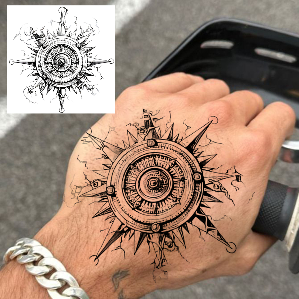 1 Sheet Compass Temporary Tattoos For Women Men Adults Hands Finger Foot Neck Clavicle Legs Forearm Shank Arm Body Art Makeup, Semi Permanent Temp Fake Tattoo Stickers Waterproof Long Lasting Realistic Tatoos For Festival Party Accessory
