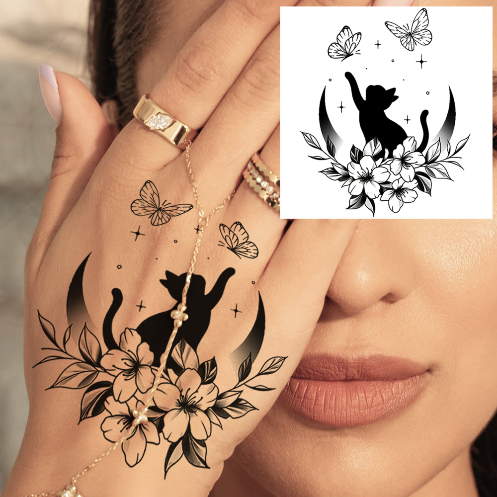 1 Sheet Cat Flower Butterfly Temporary Tattoos For Women Men Adults Hands Finger Foot Neck Clavicle Legs Forearm Shank Arm Body Art Makeup, Semi Permanent Temp Fake Tattoo Stickers Waterproof Long Lasting Realistic Tatoos For Festival Party Accessory