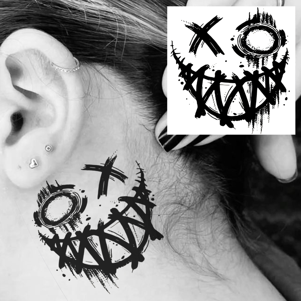 1 Sheet Smile Face Temporary Tattoos For Women Men Adults Hands Finger Foot Neck Clavicle Legs Forearm Shank Arm Body Art Makeup, Semi Permanent Temp Fake Tattoo Stickers Waterproof Long Lasting Realistic Tatoos For Festival Party Accessory