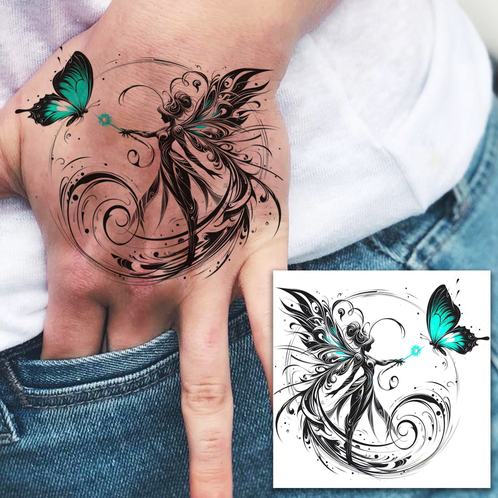 1 Sheet Angel Fairy Temporary Tattoos For Women Men Adults Hands Finger Foot Neck Clavicle Legs Forearm Shank Arm Body Art Makeup, Semi Permanent Temp Fake Tattoo Stickers Waterproof Long Lasting Realistic Tatoos For Festival Party Accessory