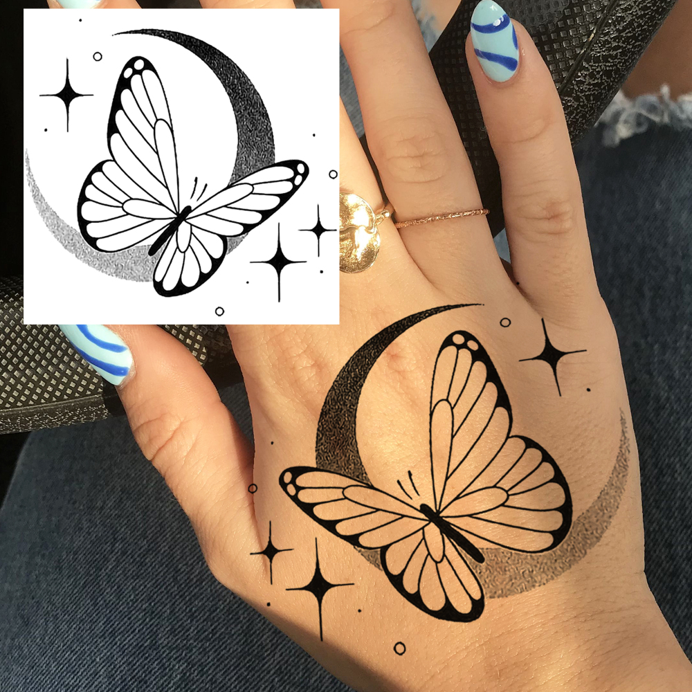 1 Sheet Moon Butterfly Temporary Tattoos For Women Men Adults Hands Finger Foot Neck Clavicle Legs Forearm Shank Arm Body Art Makeup, Semi Permanent Temp Fake Tattoo Stickers Waterproof Long Lasting Realistic Tatoos For Festival Party Accessory
