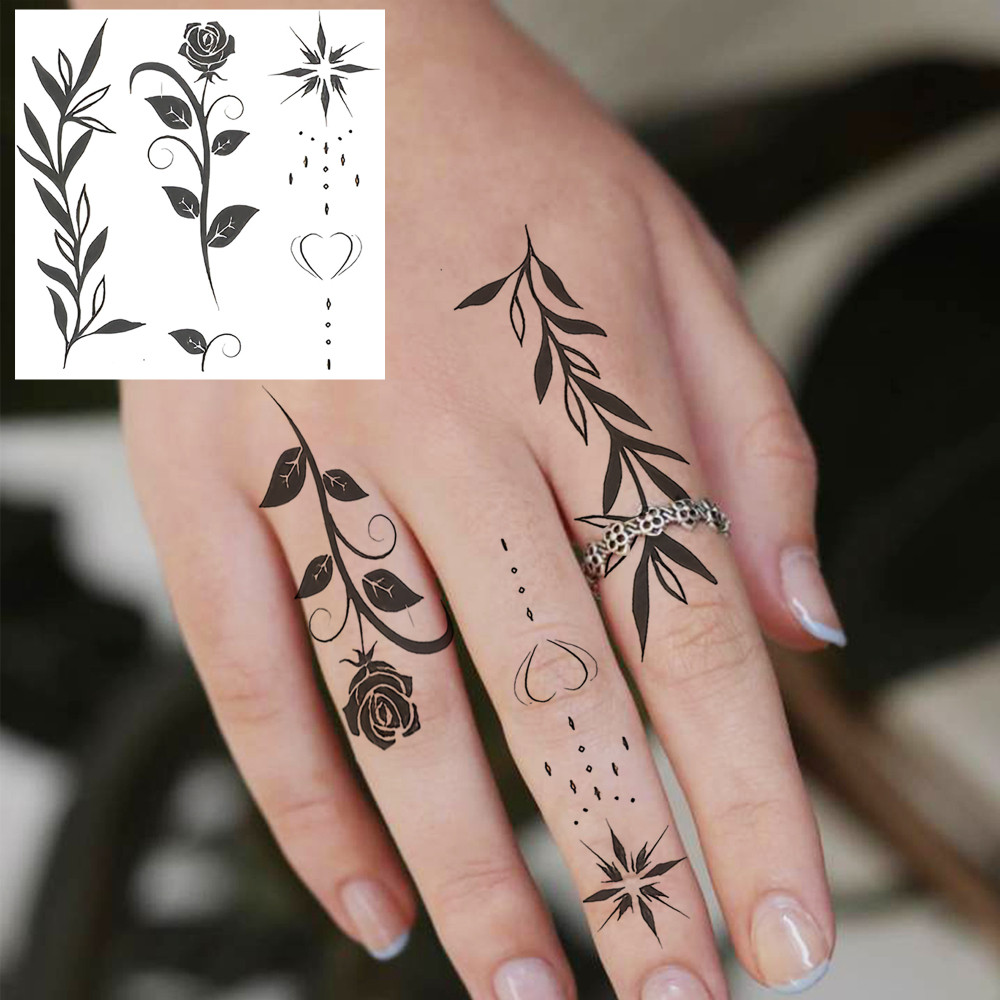 1 Sheet Flower Leaf Temporary Tattoos For Women Men Adults Hands Finger Foot Neck Clavicle Legs Forearm Shank Arm Body Art Makeup, Semi Permanent Temp Fake Tattoo Stickers Waterproof Long Lasting Realistic Tatoos For Festival Party Accessory