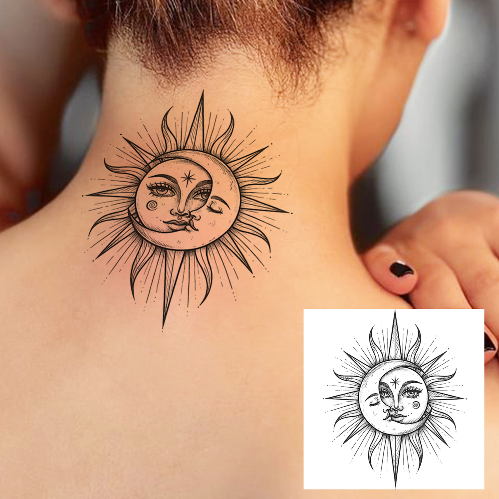 1 Sheet Moon Sun Temporary Tattoos For Women Men Adults Hands Finger Foot Neck Clavicle Legs Forearm Shank Arm Body Art Makeup, Semi Permanent Temp Fake Tattoo Stickers Waterproof Long Lasting Realistic Tatoos For Festival Party Accessory