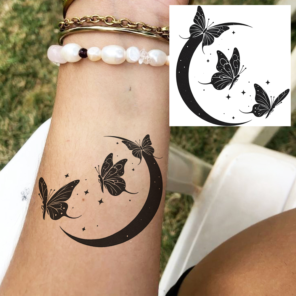 1 Sheet butterfly moon Temporary Tattoos For Women Men Adults Hands Finger Foot Neck Clavicle Legs Forearm Shank Arm Body Art Makeup, Semi Permanent Temp Fake Tattoo Stickers Waterproof Long Lasting Realistic Tatoos For Festival Party Accessory