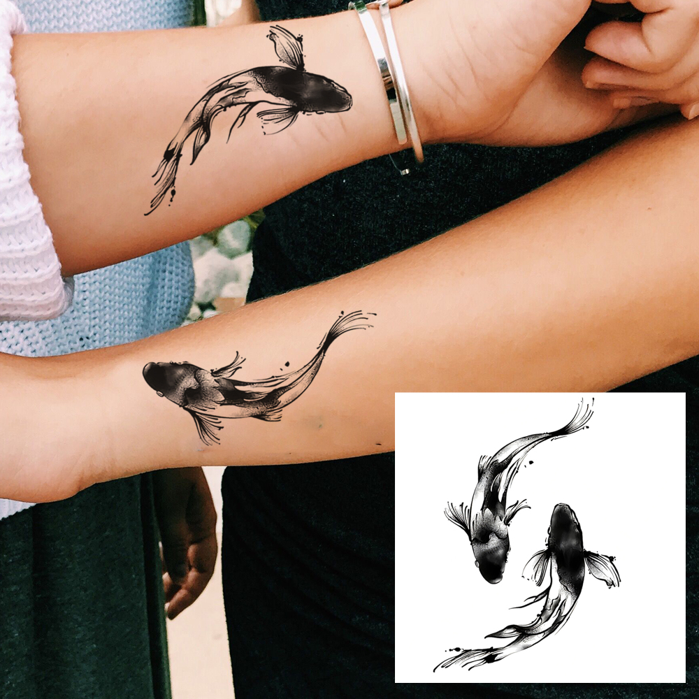 1 Sheet Fish Carp Temporary Tattoos For Women Men Adults Hands Finger Foot Neck Clavicle Legs Forearm Shank Arm Body Art Makeup, Semi Permanent Temp Fake Tattoo Stickers Waterproof Long Lasting Realistic Tatoos For Festival Party Accessory