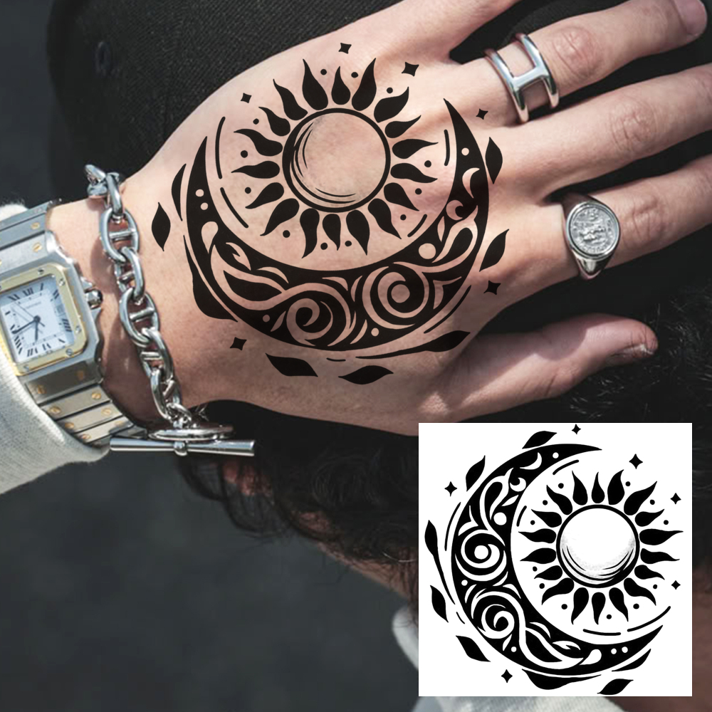1 Sheet Moon Sun Temporary Tattoos For Women Men Adults Hands Finger Foot Neck Clavicle Legs Forearm Shank Arm Body Art Makeup, Semi Permanent Temp Fake Tattoo Stickers Waterproof Long Lasting Realistic Tatoos For Festival Party Accessory