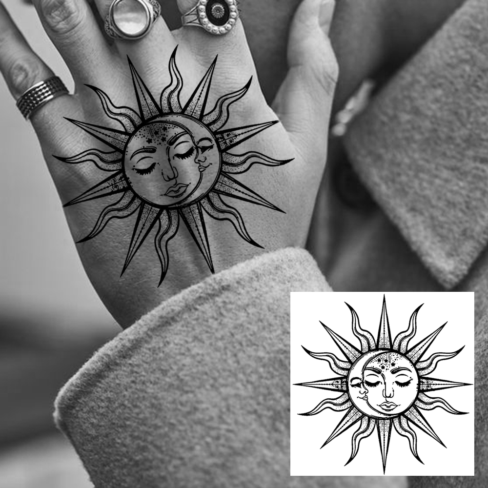 1 Sheet Moon Sun Temporary Tattoos For Women Men Adults Hands Finger Foot Neck Clavicle Legs Forearm Shank Arm Body Art Makeup, Semi Permanent Temp Fake Tattoo Stickers Waterproof Long Lasting Realistic Tatoos For Festival Party Accessory