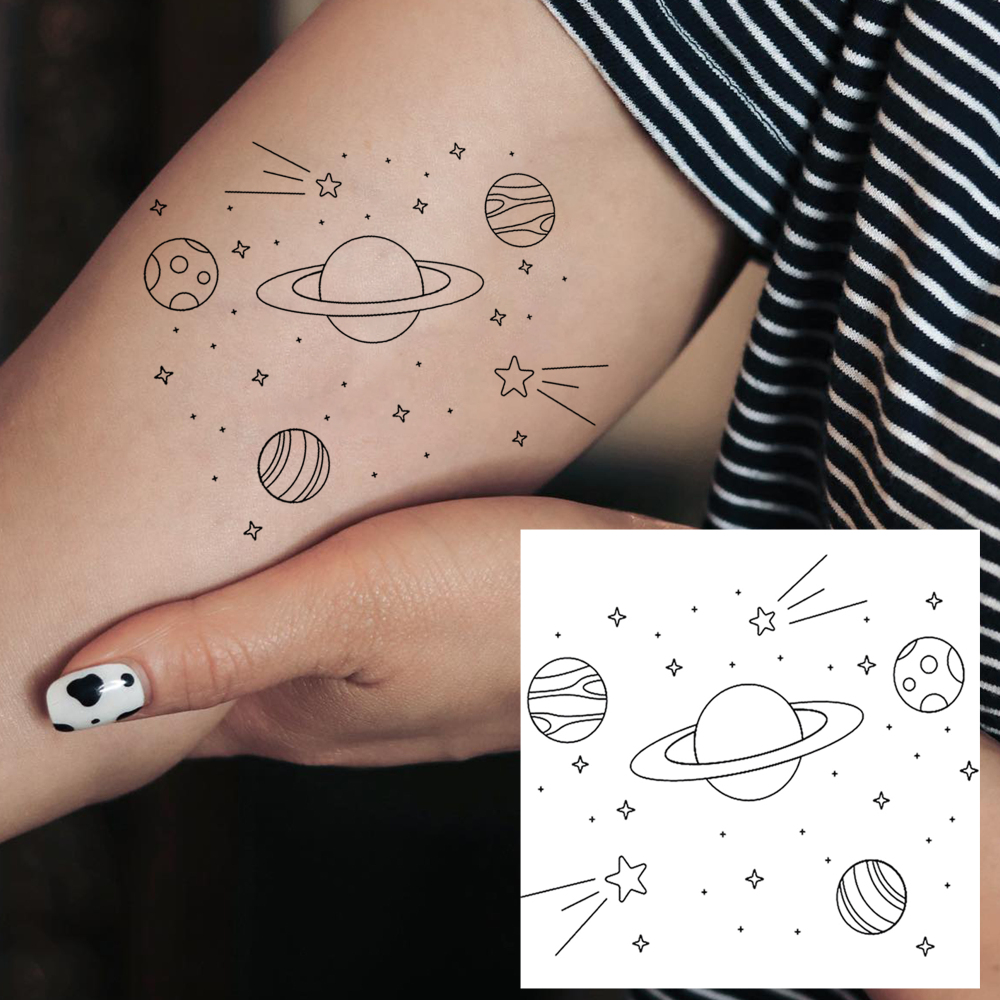 1 Sheet Planet Solar Temporary Tattoos For Women Men Adults Hands Finger Foot Neck Clavicle Legs Forearm Shank Arm Body Art Makeup, Semi Permanent Temp Fake Tattoo Stickers Waterproof Long Lasting Realistic Tatoos For Festival Party Accessory
