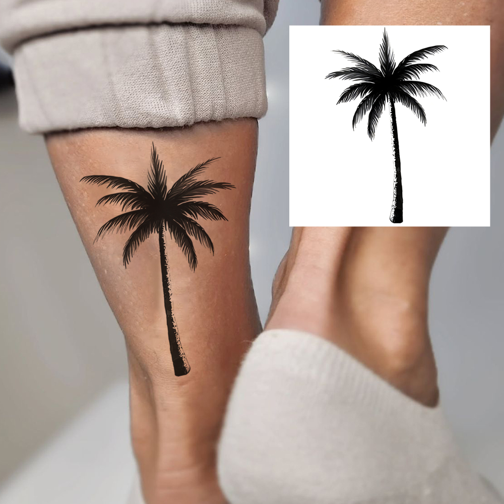 1 Sheet coconut trees Temporary Tattoos For Women Men Adults Hands Finger Foot Neck Clavicle Legs Forearm Shank Arm Body Art Makeup, Semi Permanent Temp Fake Tattoo Stickers Waterproof Long Lasting Realistic Tatoos For Festival Party Accessory