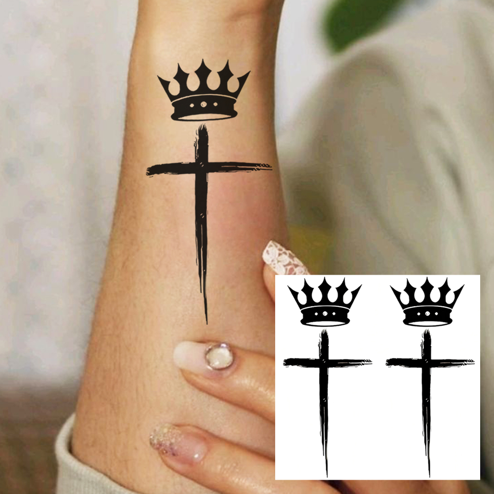 1 Sheet Crown Cross Temporary Tattoos For Women Men Adults Hands Finger Foot Neck Clavicle Legs Forearm Shank Arm Body Art Makeup, Semi Permanent Temp Fake Tattoo Stickers Waterproof Long Lasting Realistic Tatoos For Festival Party Accessory