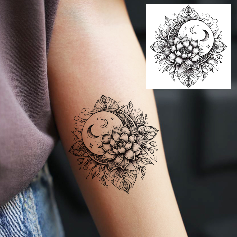 1 Sheet Moon Flower Temporary Tattoos For Women Men Adults Hands Finger Foot Neck Clavicle Legs Forearm Shank Arm Body Art Makeup, Semi Permanent Temp Fake Tattoo Stickers Waterproof Long Lasting Realistic Tatoos For Festival Party Accessory