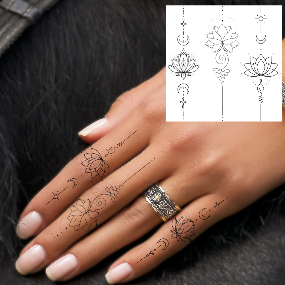 1 Sheet Lotus Flower Temporary Tattoos For Women Men Adults Hands Finger Foot Neck Clavicle Legs Forearm Shank Arm Body Art Makeup, Semi Permanent Temp Fake Tattoo Stickers Waterproof Long Lasting Realistic Tatoos For Festival Party Accessory