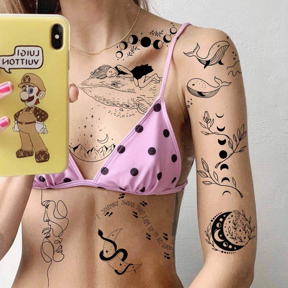 15 Sheets Abstract Minimalism Temporary Tattoos For Women Men Adults Kids Hands Finger Foot Neck Clavicle Shank Arm Body Art Makeup, Semi Permanent Temp Fake Tattoo Stickers Waterproof Long Lasting Realistic Tatoos For Festival Party Accessory