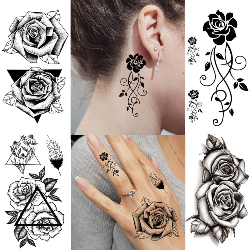 15 Sheets Cute Flower Temporary Tattoos For Women Men Adults Hands Finger Foot Neck Clavicle Legs Thigh Forearm Shank Arm Body Art Makeup, Semi Permanent Temp Fake Tattoo Stickers Waterproof Long Lasting Realistic Tatoos For Festival Party Accessory