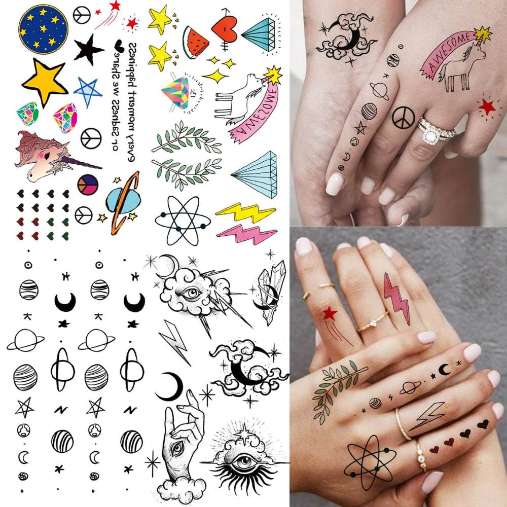15 Sheets Cute Space Temporary Tattoos For Women Men Adults Hands Finger Foot Neck Clavicle Legs Thigh Forearm Shank Arm Body Art Makeup, Semi Permanent Temp Fake Tattoo Stickers Waterproof Long Lasting Realistic Tatoos For Festival Party Accessory