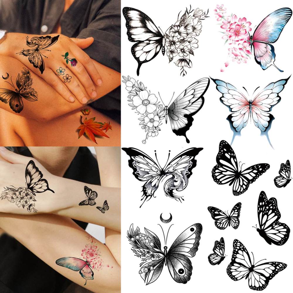 15 Sheets Cute Butterfly Temporary Tattoos For Women Men Adults Hands Finger Foot Neck Clavicle Legs Thigh Forearm Shank Arm Body Art Makeup, Semi Permanent Temp Fake Tattoo Stickers Waterproof Long Lasting Realistic Tatoos For Festival Party Accessory